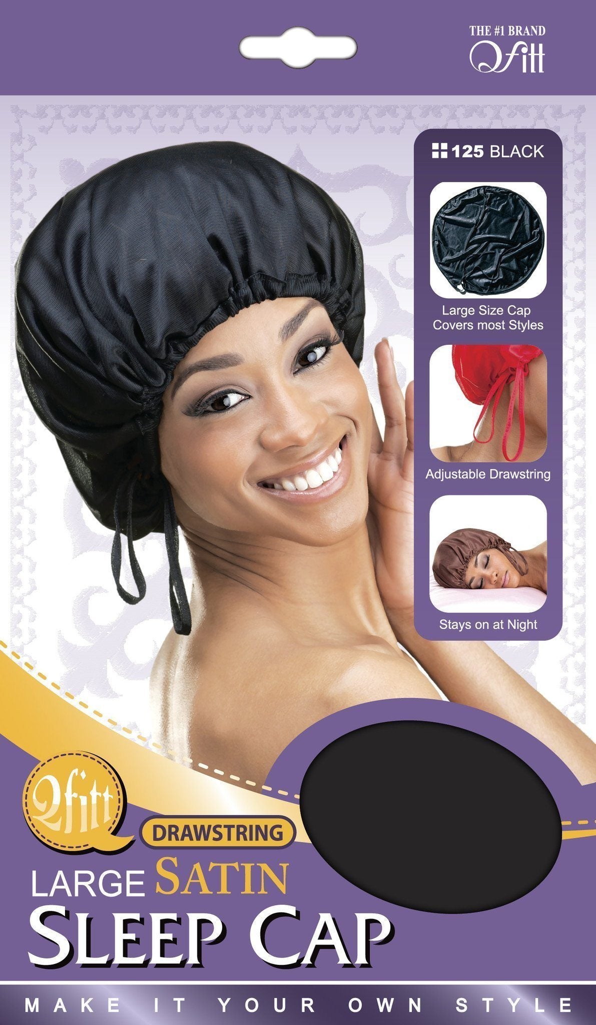 #125 Large Drawstring Satin Sleep Cap / Black (12PC)