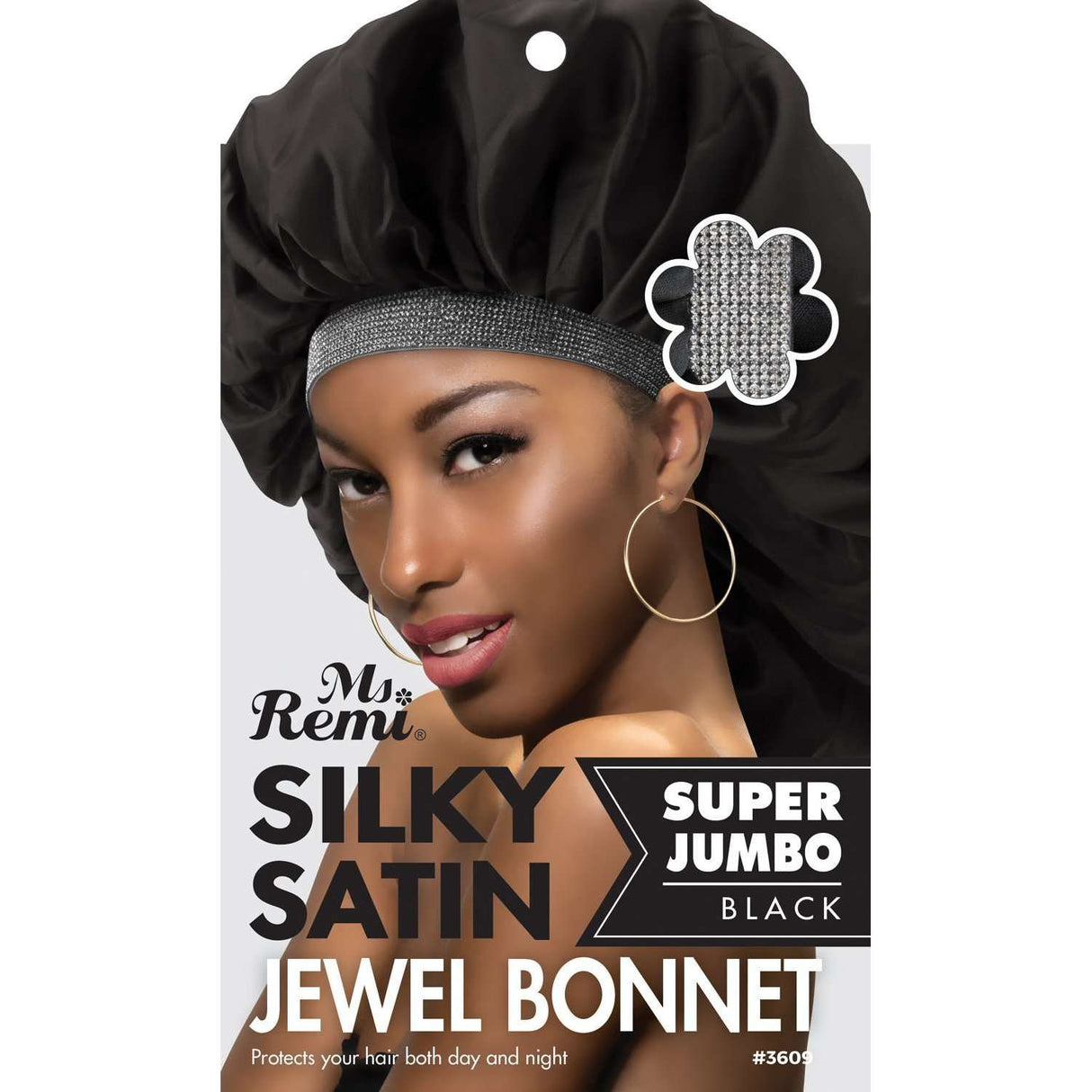 #3609 Ms. Remi Silky Satin Jewel Bonnet X-Jumbo Black (12PC)