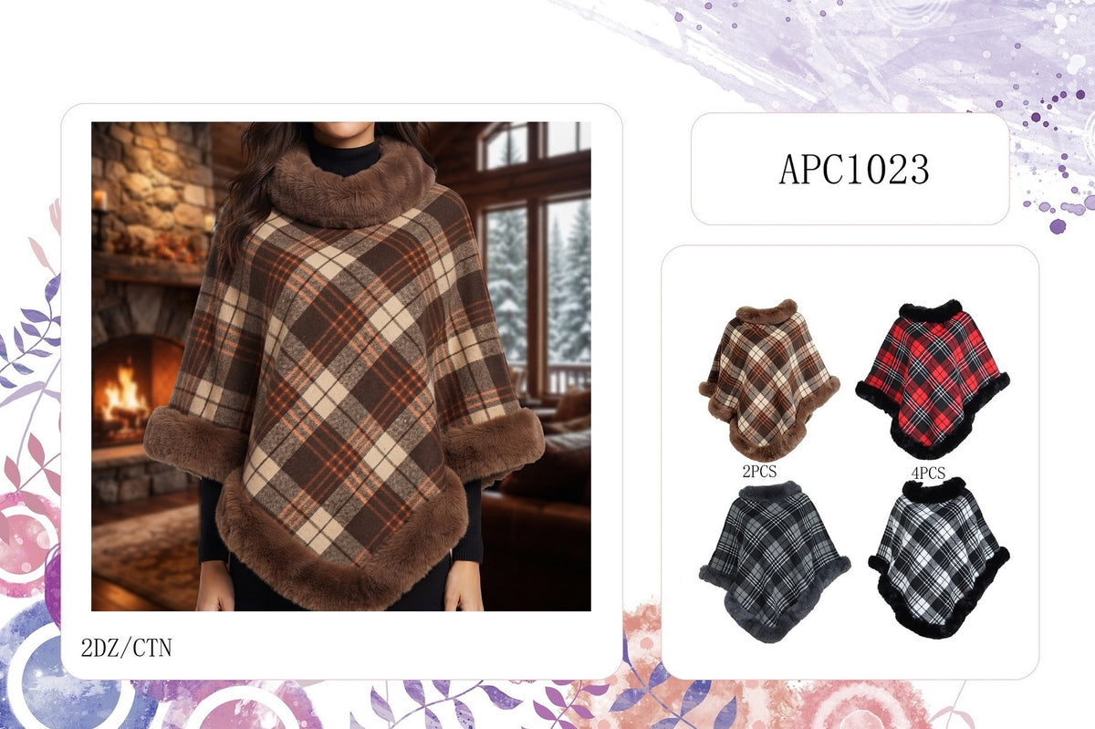 Fashion Plaid Fur Trim Poncho Wrap #APC1023 - Multiple Colors (PC)