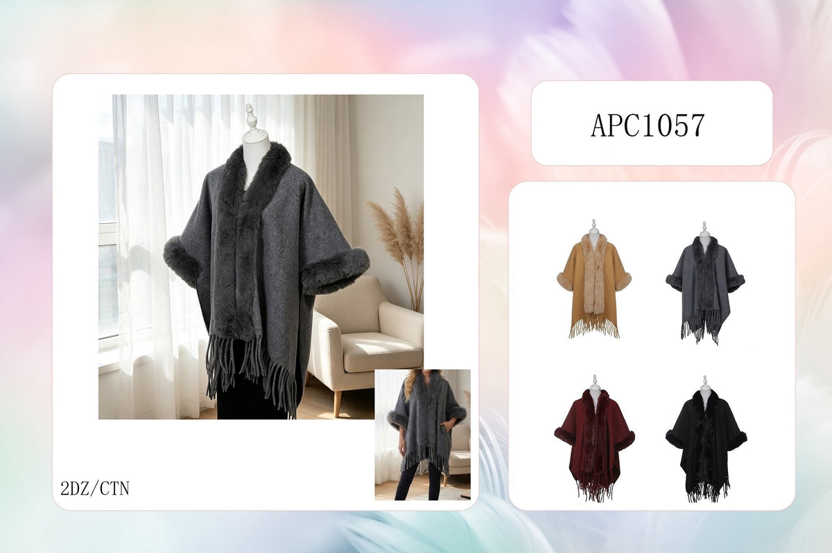 Fashion Fur Trim Fringe Poncho #APC1057 - Multiple Colors (PC)