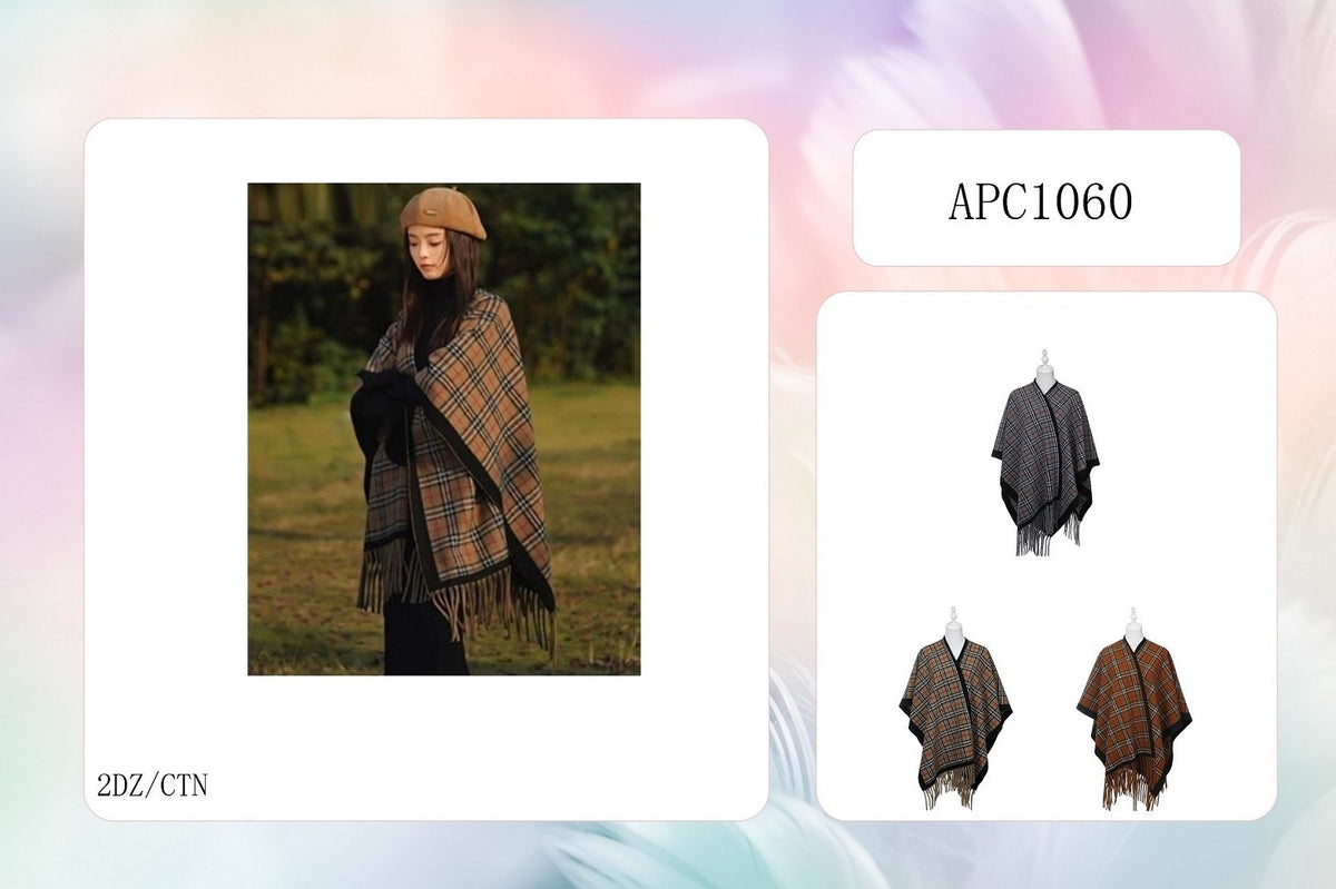 Fashion Plaid Fringe Poncho #APC1060 - Multiple Colors (PC)