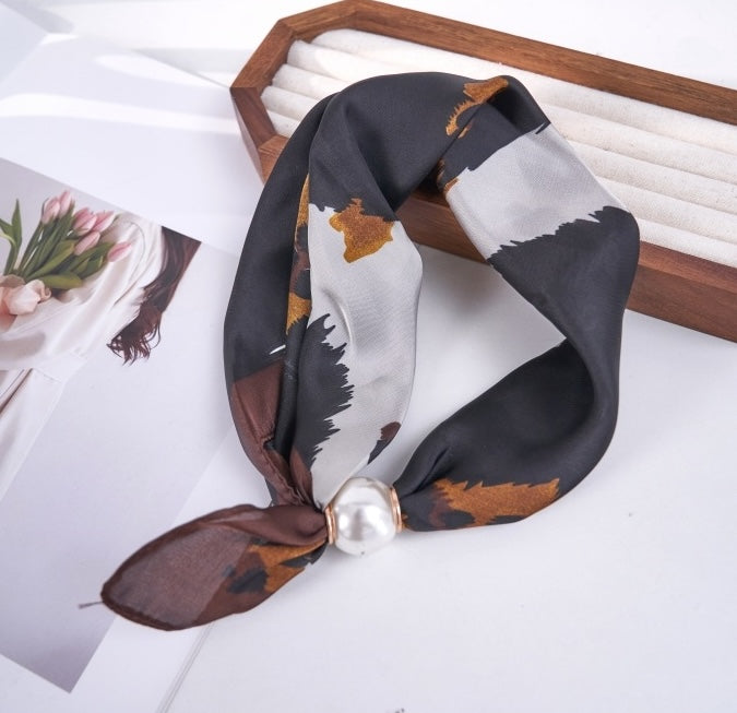 Fashion Silk Neck Scarf W/Pearl 70x70cm #AS826BRO (12PC)