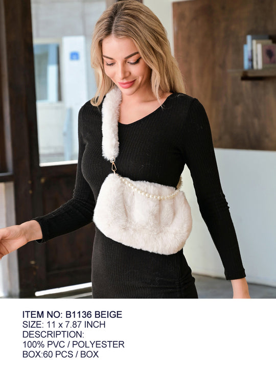 Fashion Fur Shoulder Bag W/ Pearls #B1136 - Multiple Colors (PC)
