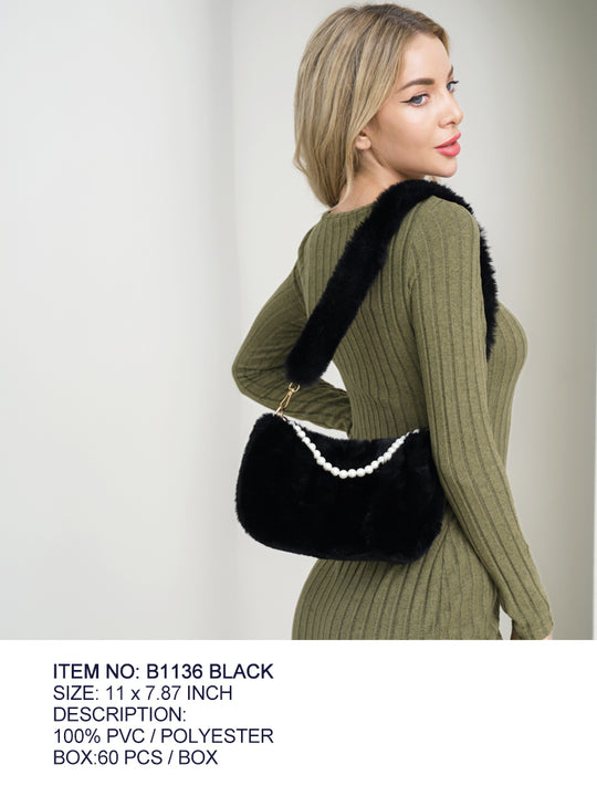 Fashion Fur Shoulder Bag W/ Pearls #B1136 - Multiple Colors (PC)