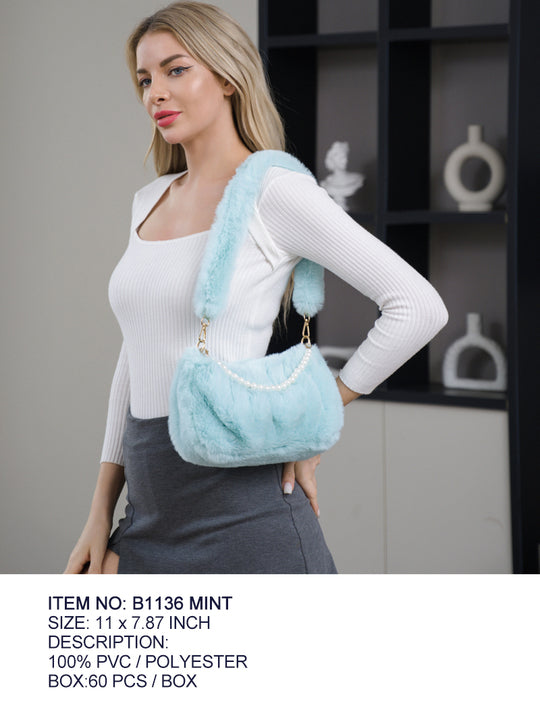 Fashion Fur Shoulder Bag W/ Pearls #B1136 - Multiple Colors (PC)