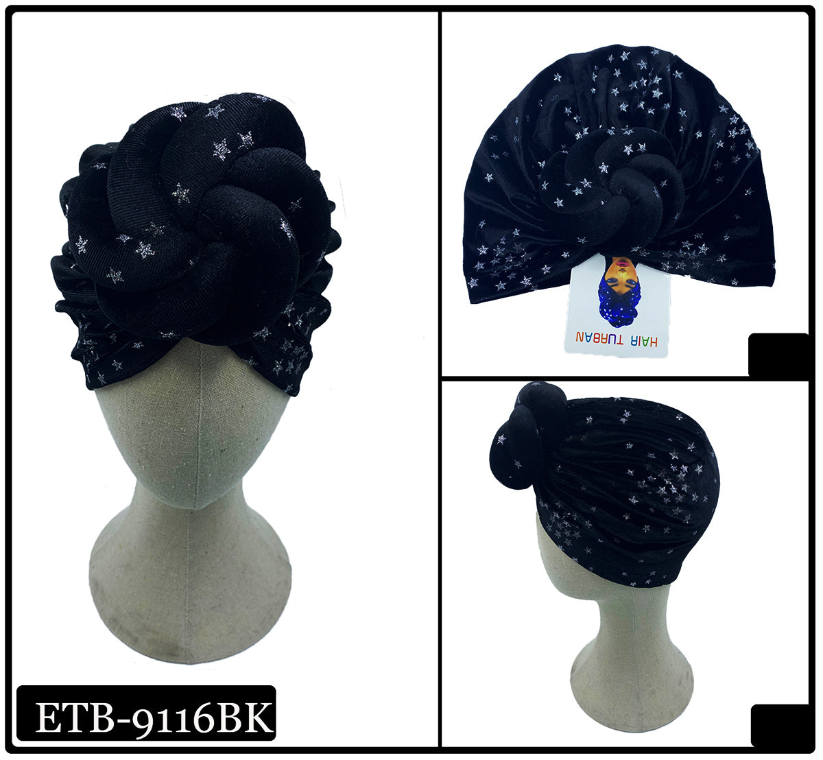 Star Design Head Wrap / Turban #ETB9116BK (12PC)