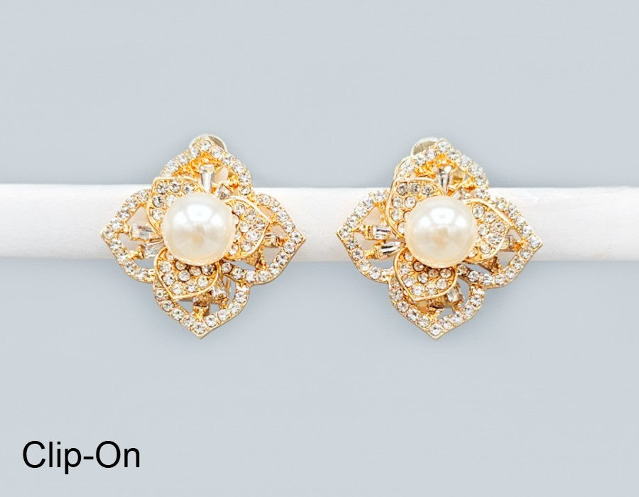 Fashion Pearl Flower Clip-On Earrings #GE2742 - Multiple Colors (PC)
