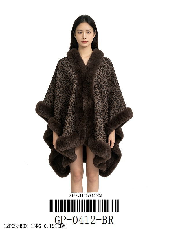 Fashion Leopard Print Fur Poncho Wrap #GP-0412 - Multiple Colors (PC)