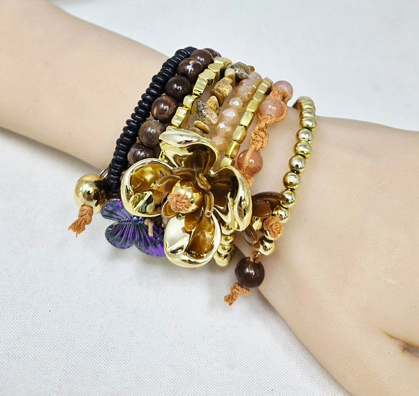 Fashion Multi Bead W/Flower Bracelet #JB10486G Gold (PC)