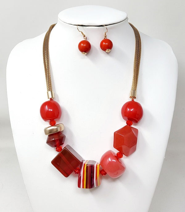 Fashion Bead Stone Necklace Set #JN10940GRD - RED (PC)