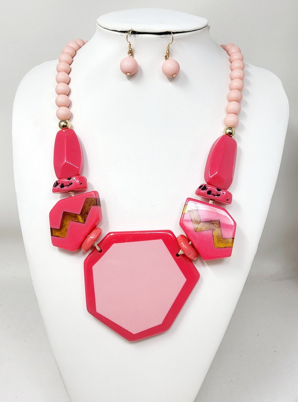 Fashion Bead Stone Necklace Set #JN11168GPK - Pink (PC)
