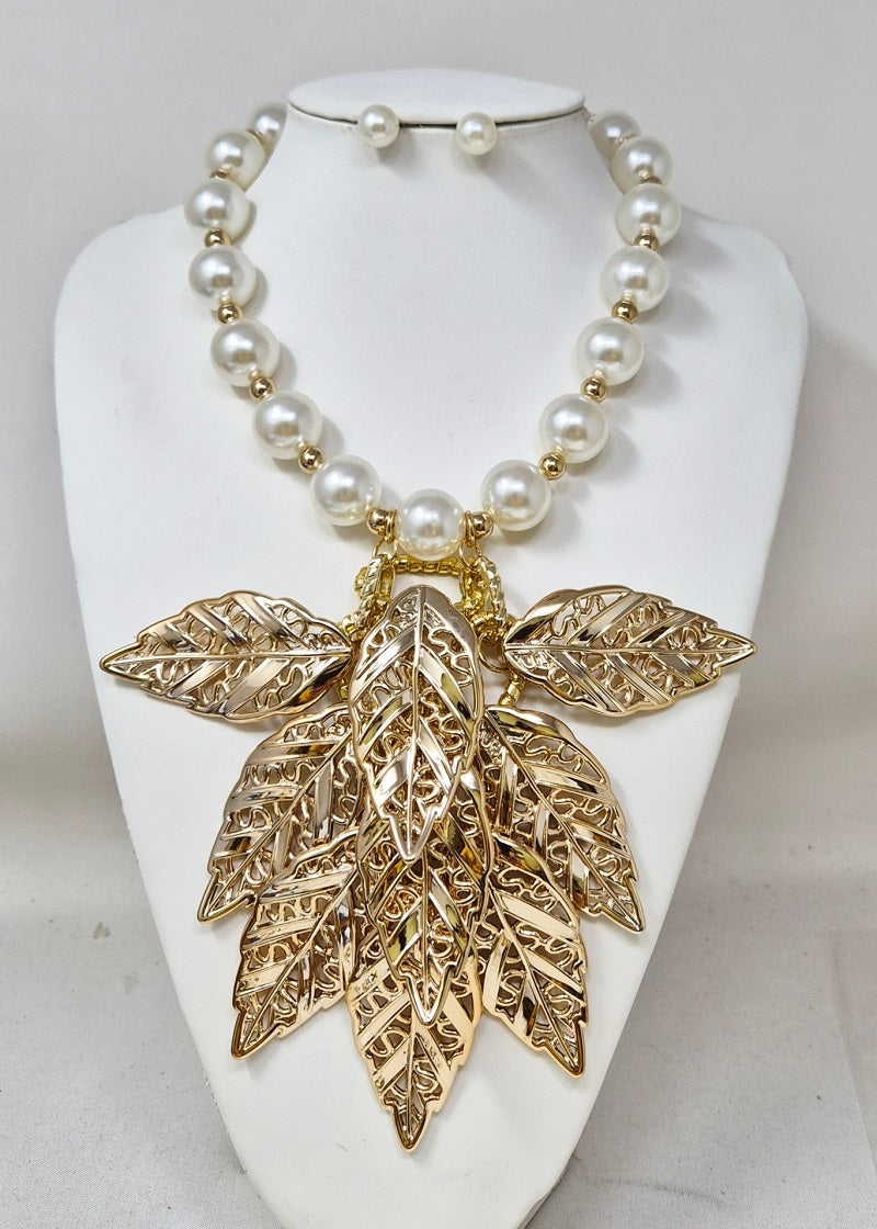 Fashion Pearl Leaf Necklace Set #JN11230 - Multiple Colors (PC)