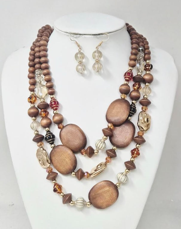 Fashion Layered Wood & Glass Bead Necklace Set #JN11287GBR Brown (PC)