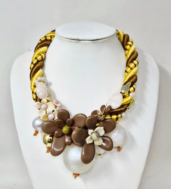 Fashion Floral Bead Rope Necklace #JN11307G Brown/Yellow (PC)