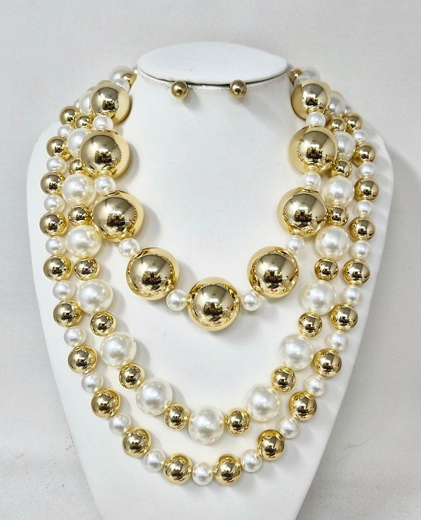 Fashion 3 Layer Two-Tone Pearl Necklace Set #JN11371 - Multiple Colors (PC)