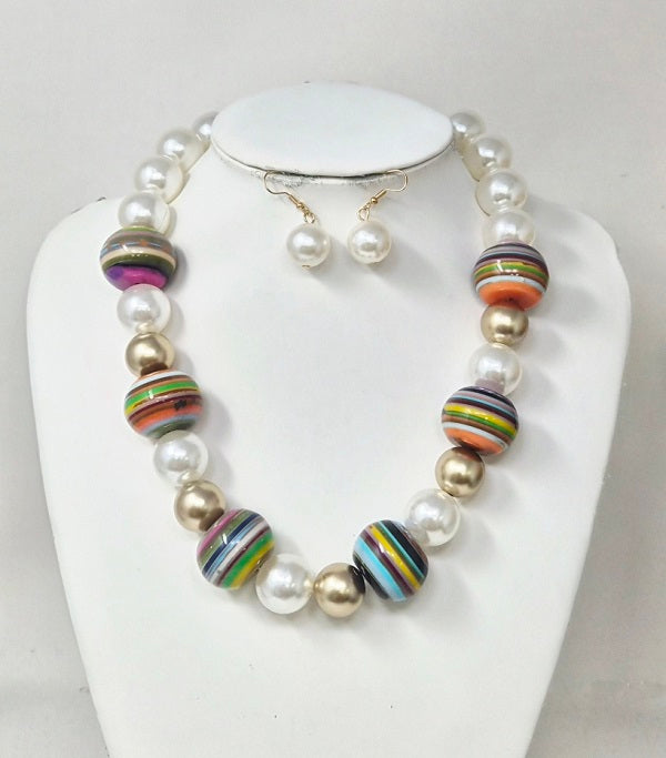 Fashion Pearl & Multicolor Bead Necklace Set #JN11387GCR (PC)