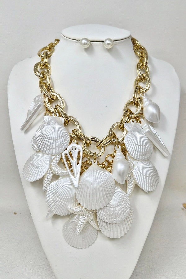 Fashion Shell Charm Statement Necklace Set #JN11405G White (PC)
