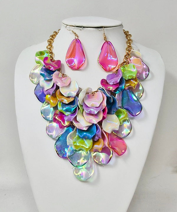 Fashion Iridescent Petal Statement Necklace Set #JN11414GMT Multi (PC)
