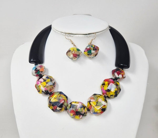 Fashion Confetti Bead Statement Necklace Set #JN11432GMT (PC)