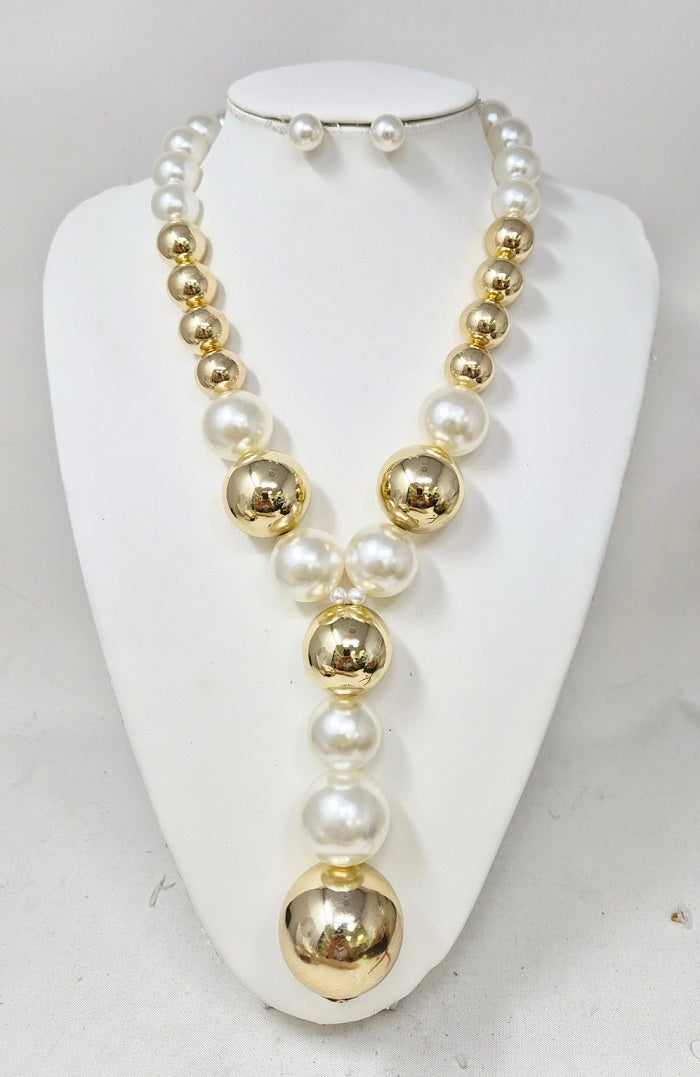 Fashion Two-Tone Pearl Drop Necklace Set #JN11523 - Multiple Colors (PC)