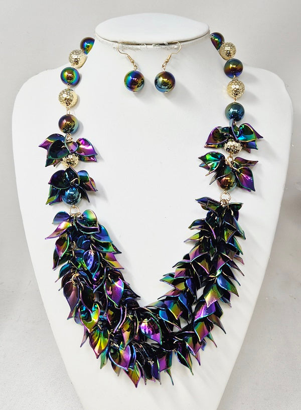 Fashion Iridescent Leaf Statement Necklace Set #JN11603 - Multiple Colors (PC)