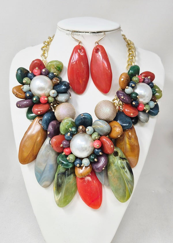 Fashion Bead Statement Necklace Set #JN11625 - Multiple Colors (PC)