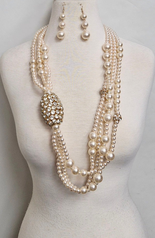 Fashion Layered Pearl Rhinestone Necklace Set #JN11627GCR (PC)