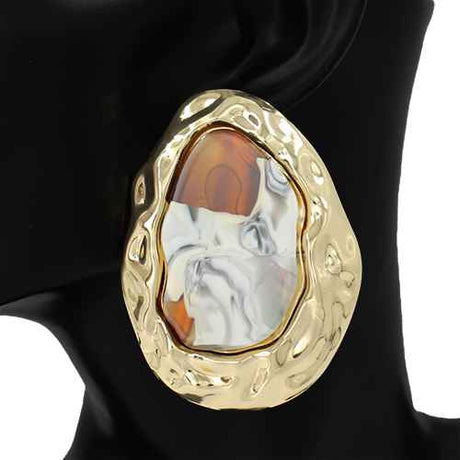 Fashion Hammered Statement Earrings W/Stone #KE1222 - Multiple Colors (PC)