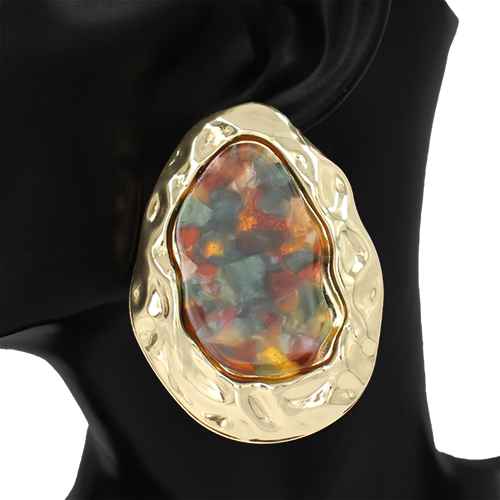Fashion Hammered Statement Earrings W/Stone #KE1222 - Multiple Colors (PC)