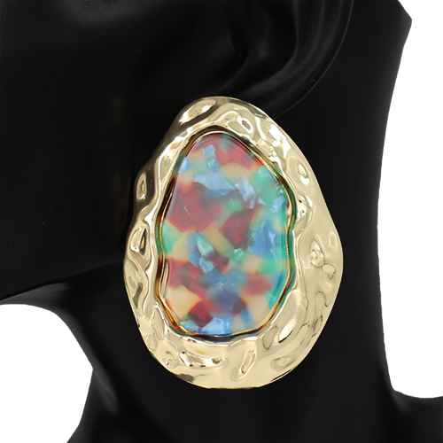 Fashion Hammered Statement Earrings W/Stone #KE1222 - Multiple Colors (PC)