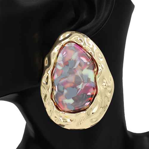Fashion Hammered Statement Earrings W/Stone #KE1222 - Multiple Colors (PC)