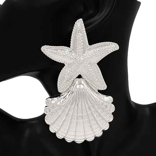 Fashion Silver Starfish & Shell Statement Earrings #KE4521RD (PC)