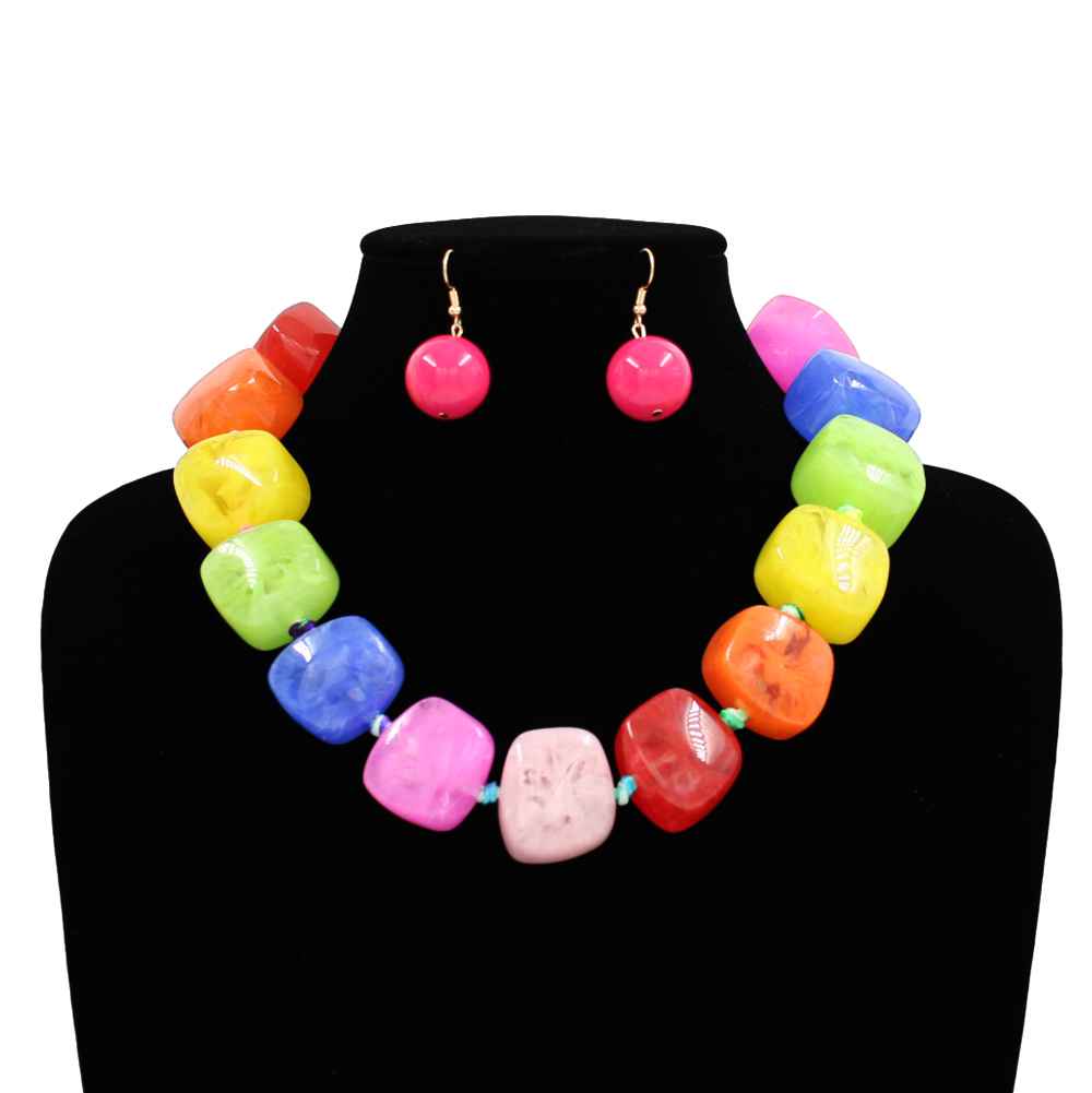 Fashion Large Square Bead Necklace Set #KS2225 - Multiple Colors (PC)