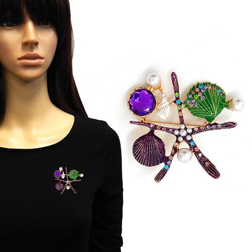 Fashion Sea Life & Pearl Brooch #LM4012GDPUR Gold/Purple (PC)
