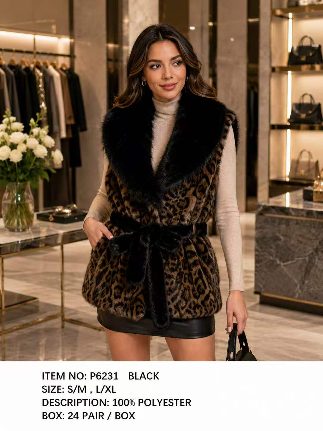 Fashion Leopard Print Black Fur Vest #P6231 - Multiple Sizes (PC)