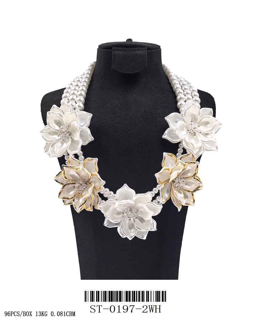 Fashion White Pearl Floral W/Gold Trim Statement Necklace #ST-0197-2WH (PC)