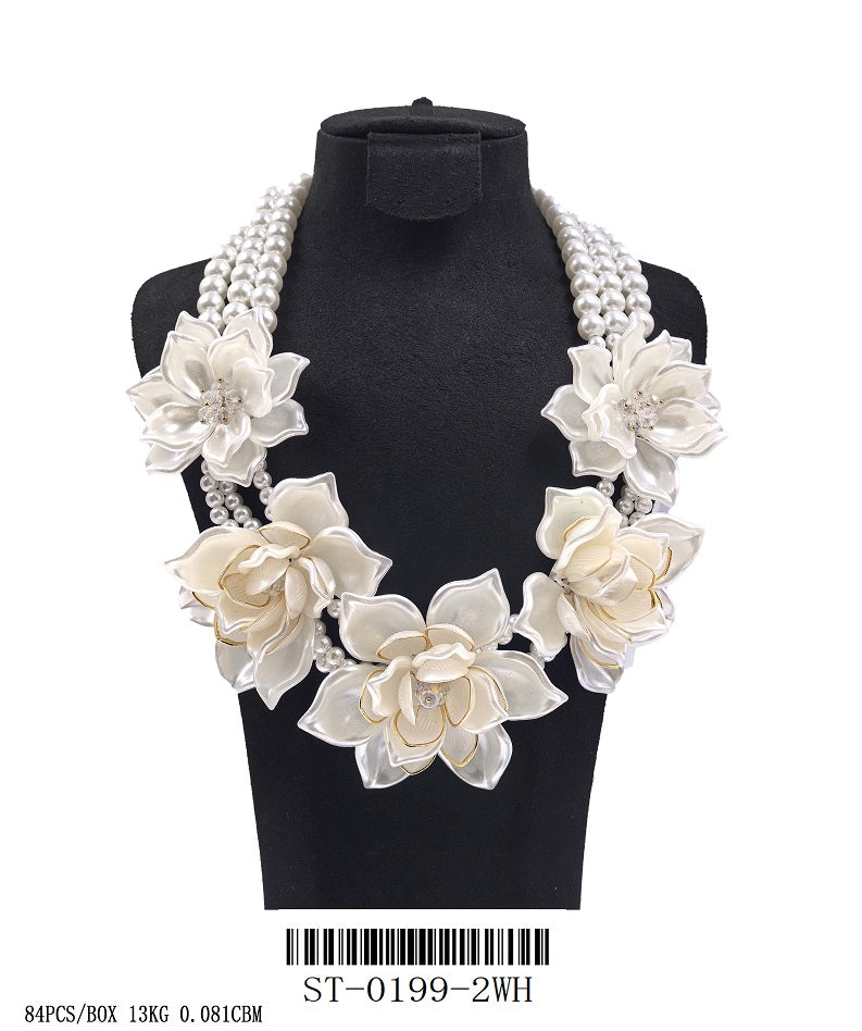 Fashion White Pearl Floral W/Gold Statement Necklace #ST-0199-2WH (PC)