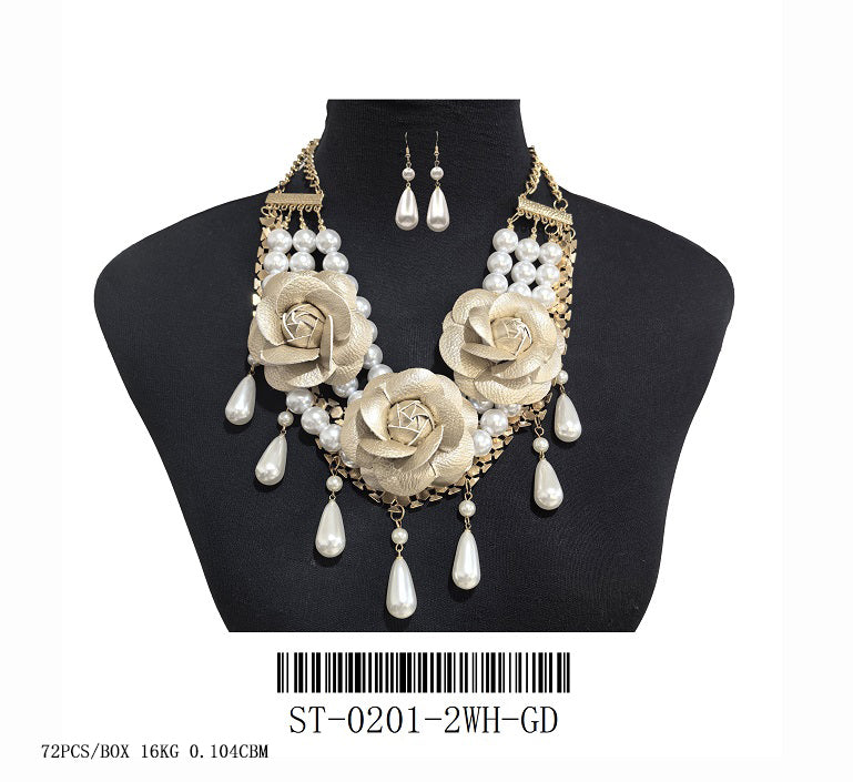 Fashion Rose Pearl Statement Necklace Set #ST-0201 - Multiple Colors (PC)