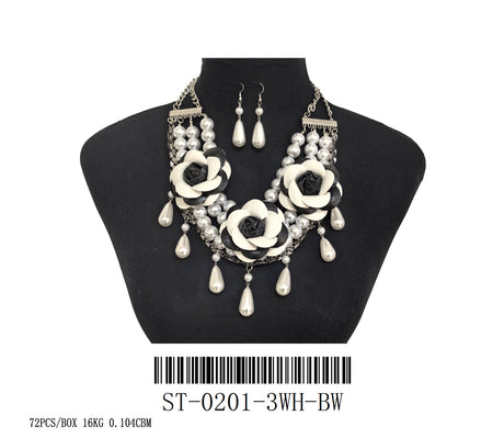 Fashion Rose Pearl Statement Necklace Set #ST-0201 - Multiple Colors (PC)