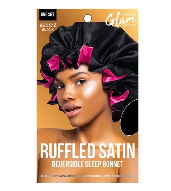 #26372 Ruffled Satin Reversible Sleep Bonnet Black (6PC)