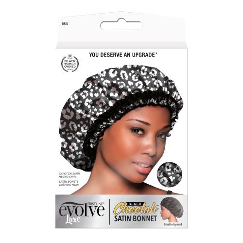 #668 Evolve Black Cheetah Satin Bonnet (6PC)