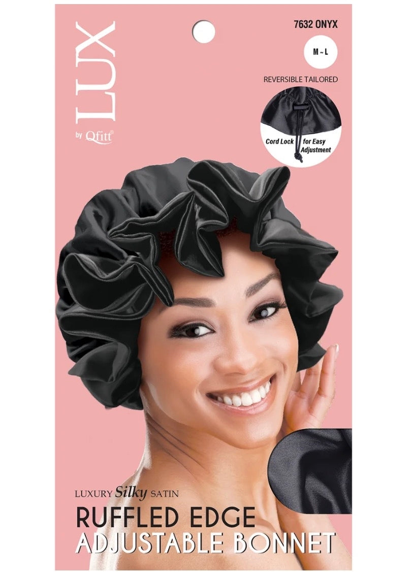 #7632 Lux Ruffled Adjustable Satin Bonnet - Black (6PC)