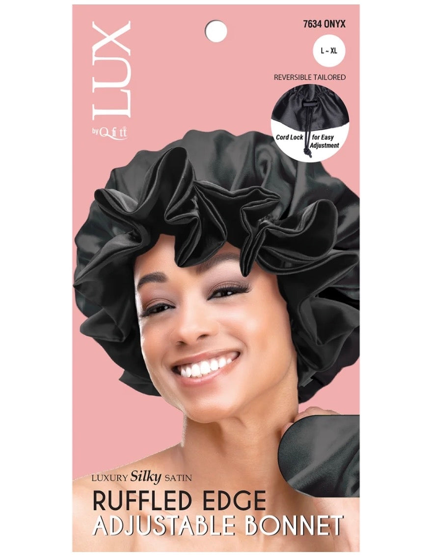#7634 Lux Ruffled Adjustable Satin Bonnet L/XL - Black (6PC)