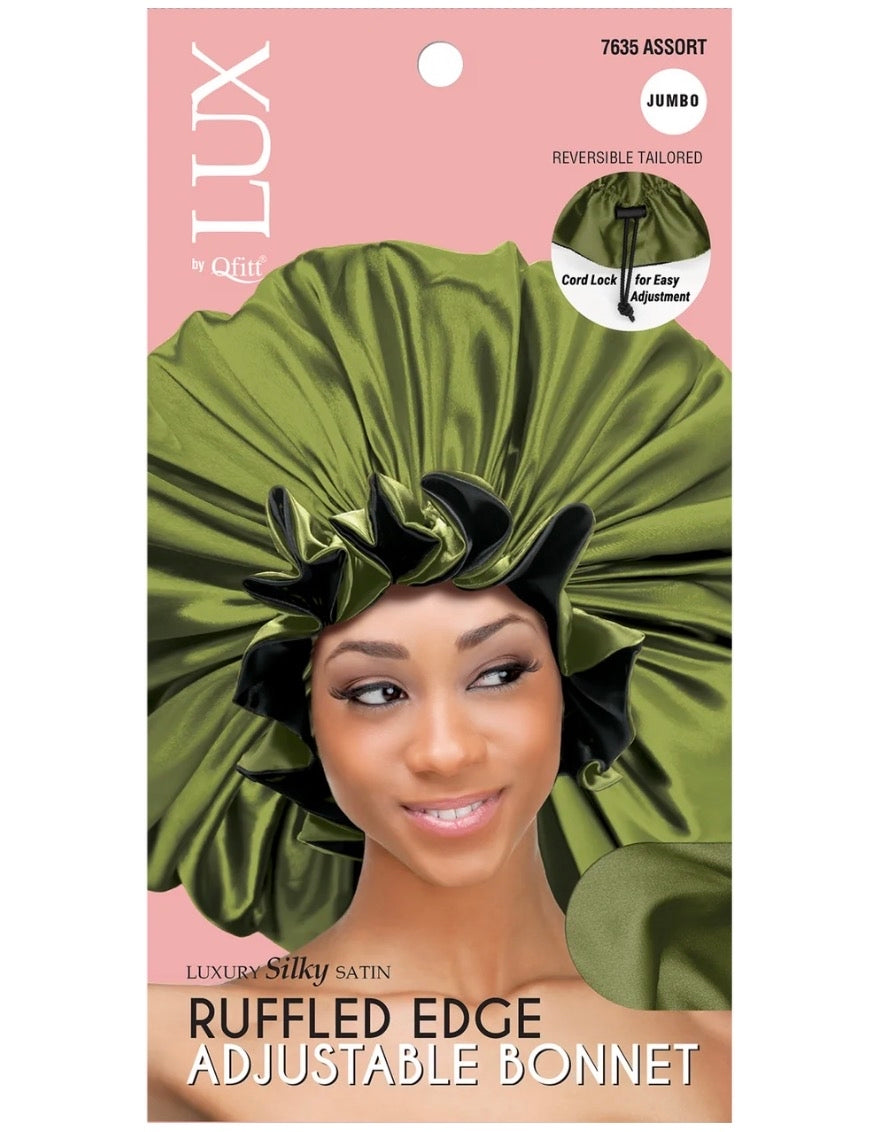 #7635 Lux Ruffled Adjustable Satin Bonnet Jumbo - Assort (6PC)