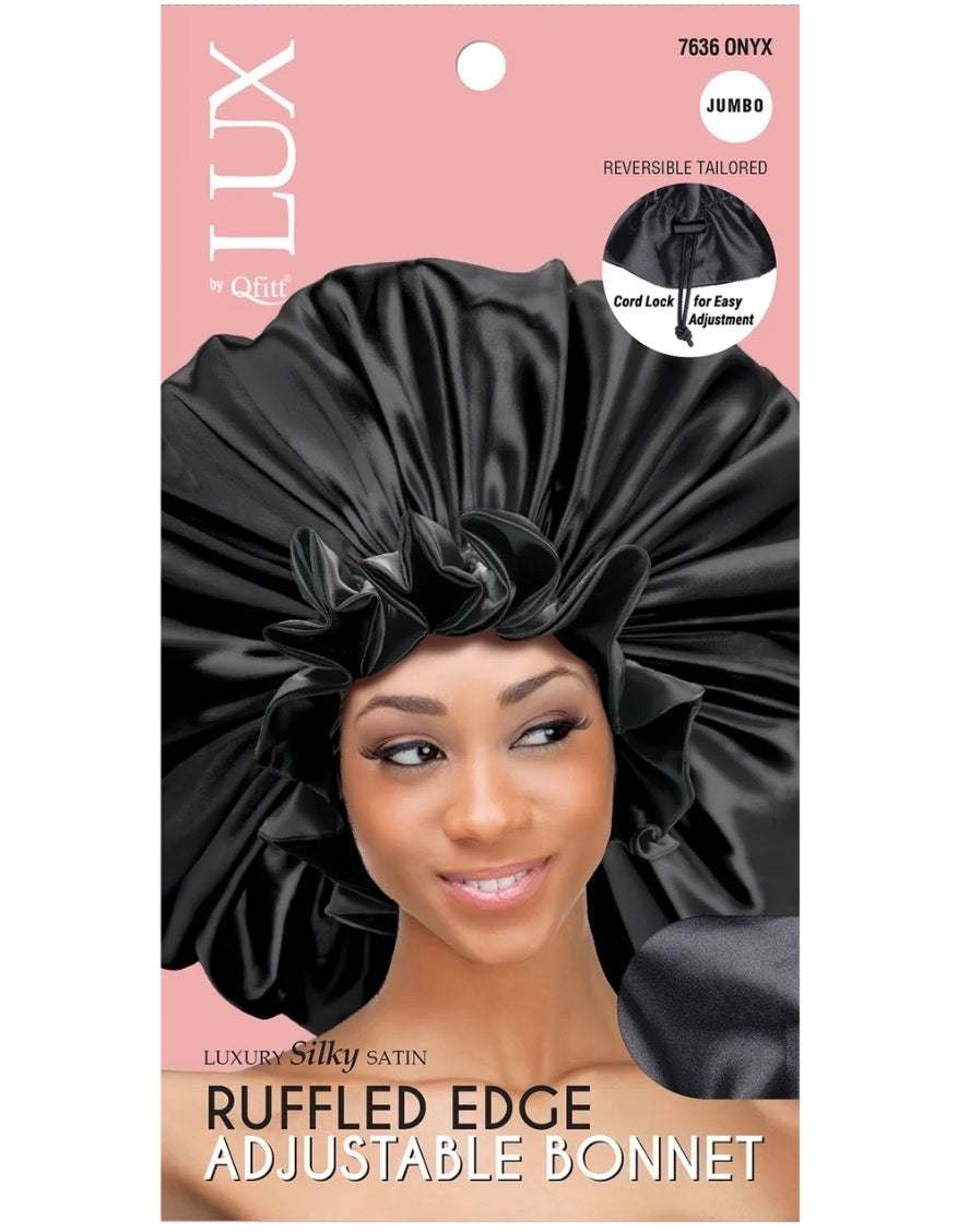 #7636 Lux Ruffled Adjustable Satin Bonnet Jumbo - Black (6PC)