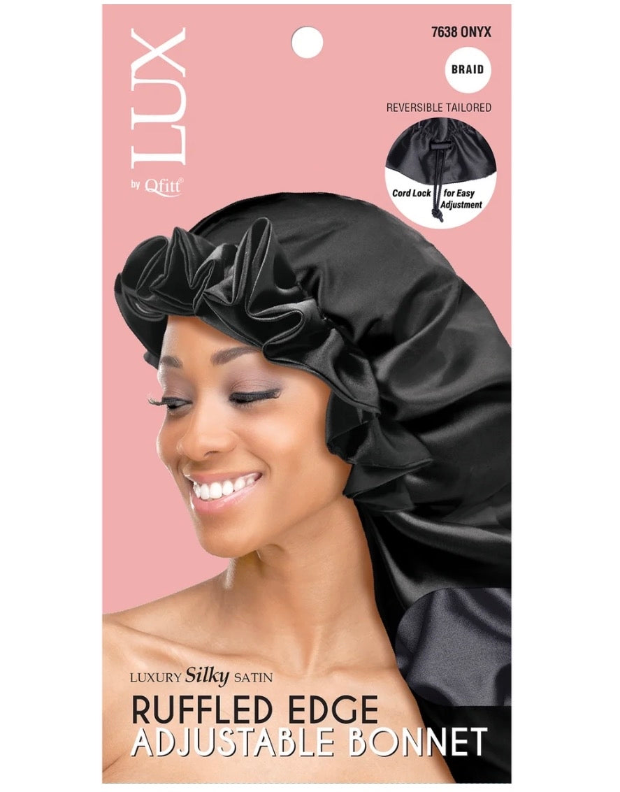 #7638 Lux Ruffled Adjustable Satin Braid Bonnet - Black (6PC)