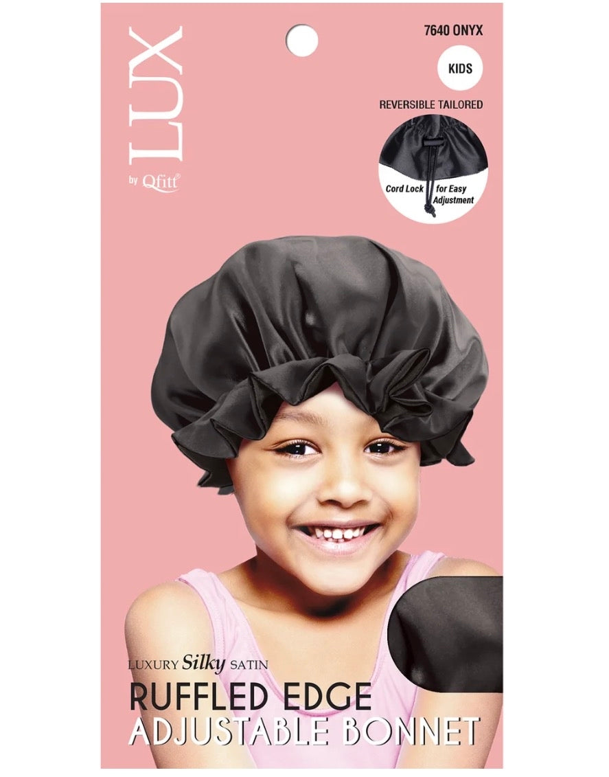 #7640 Lux Ruffled Adjustable Kids Satin Bonnet - Black (6PC)