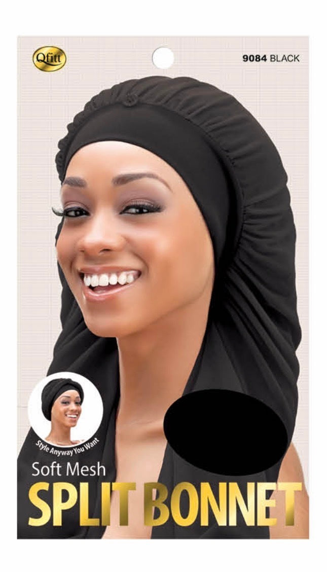 #9084 Qfitt Soft Mesh Split Bonnet Black (6PC)