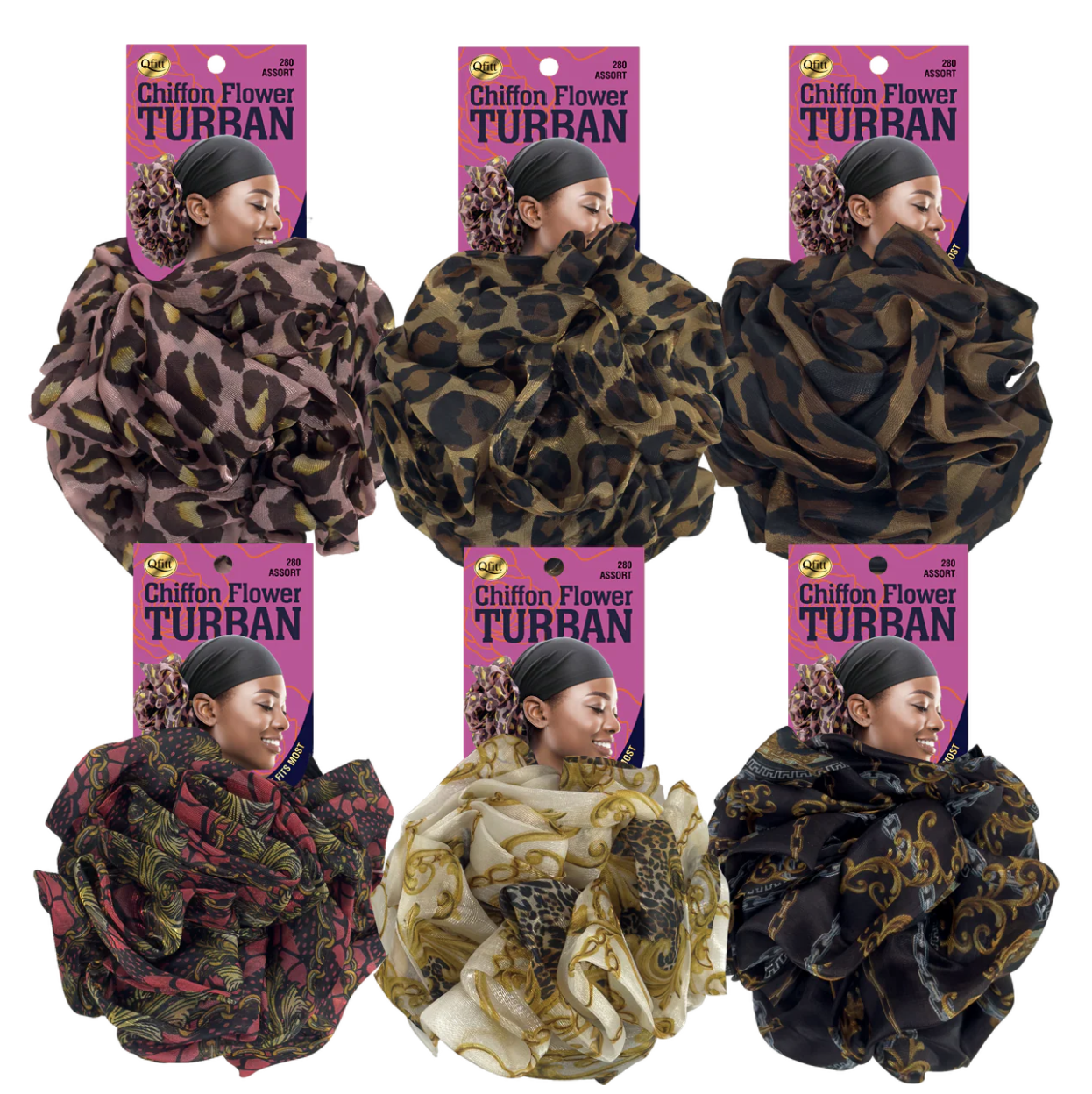 #280 Qfitt Chiffon Flower Design Turban Assort (6PC)