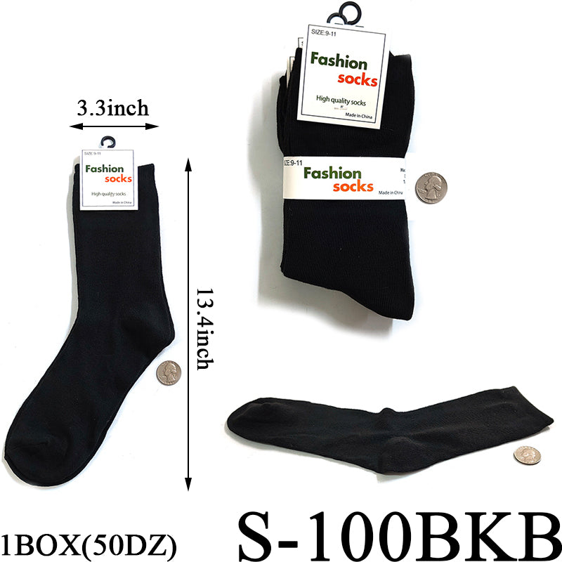Plain Black Long Socks (Size 9-11) #S-100BKB  (12PC)